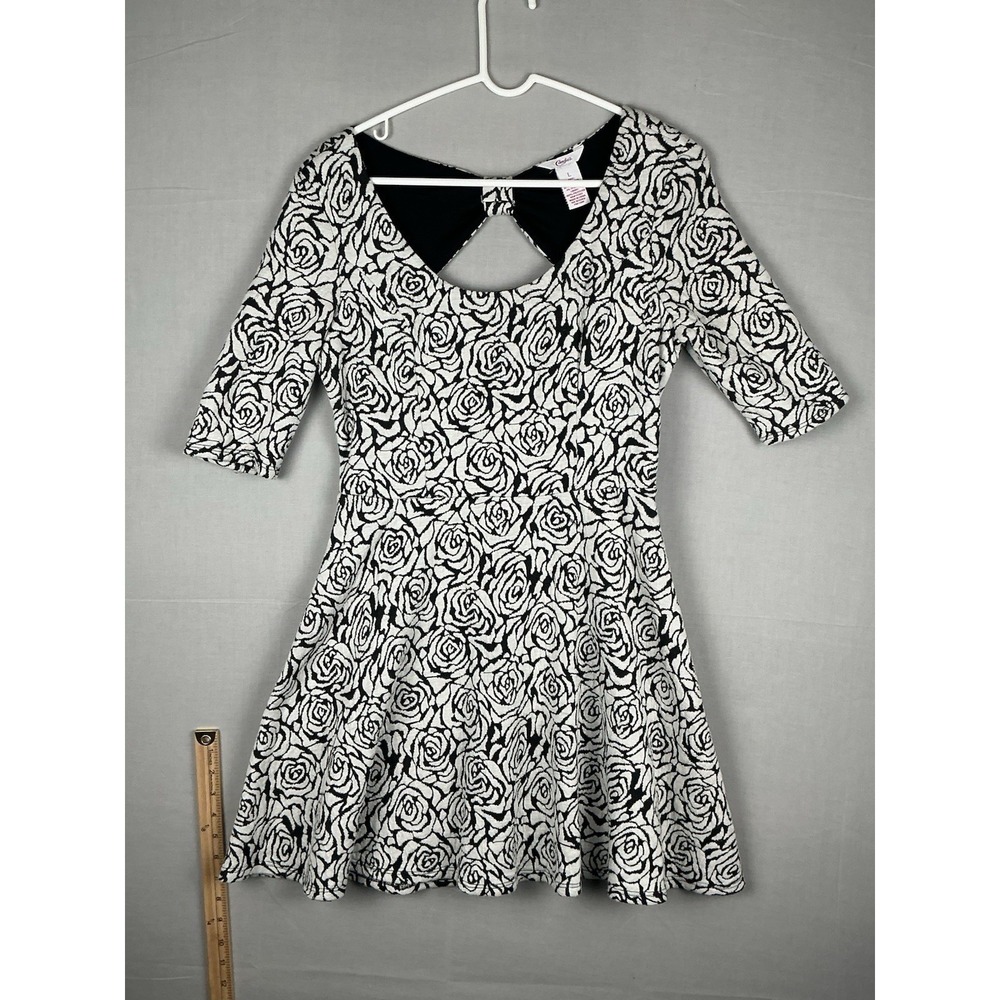 Candies Womens Black White Floral Dress Size L Fit Flare 3/4 Sleeve